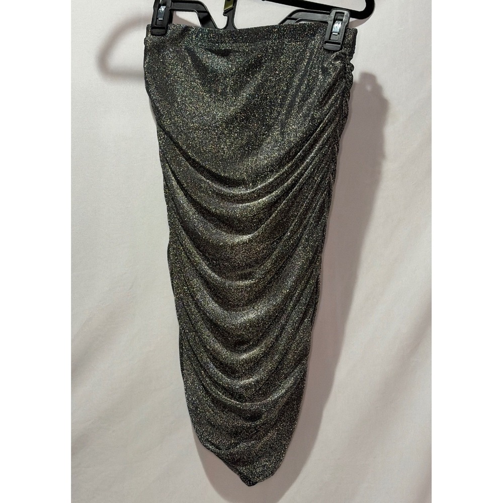 Halara Black Gold Glitter Ruched Midi Skirt High Waisted Bodycon Small NWT
